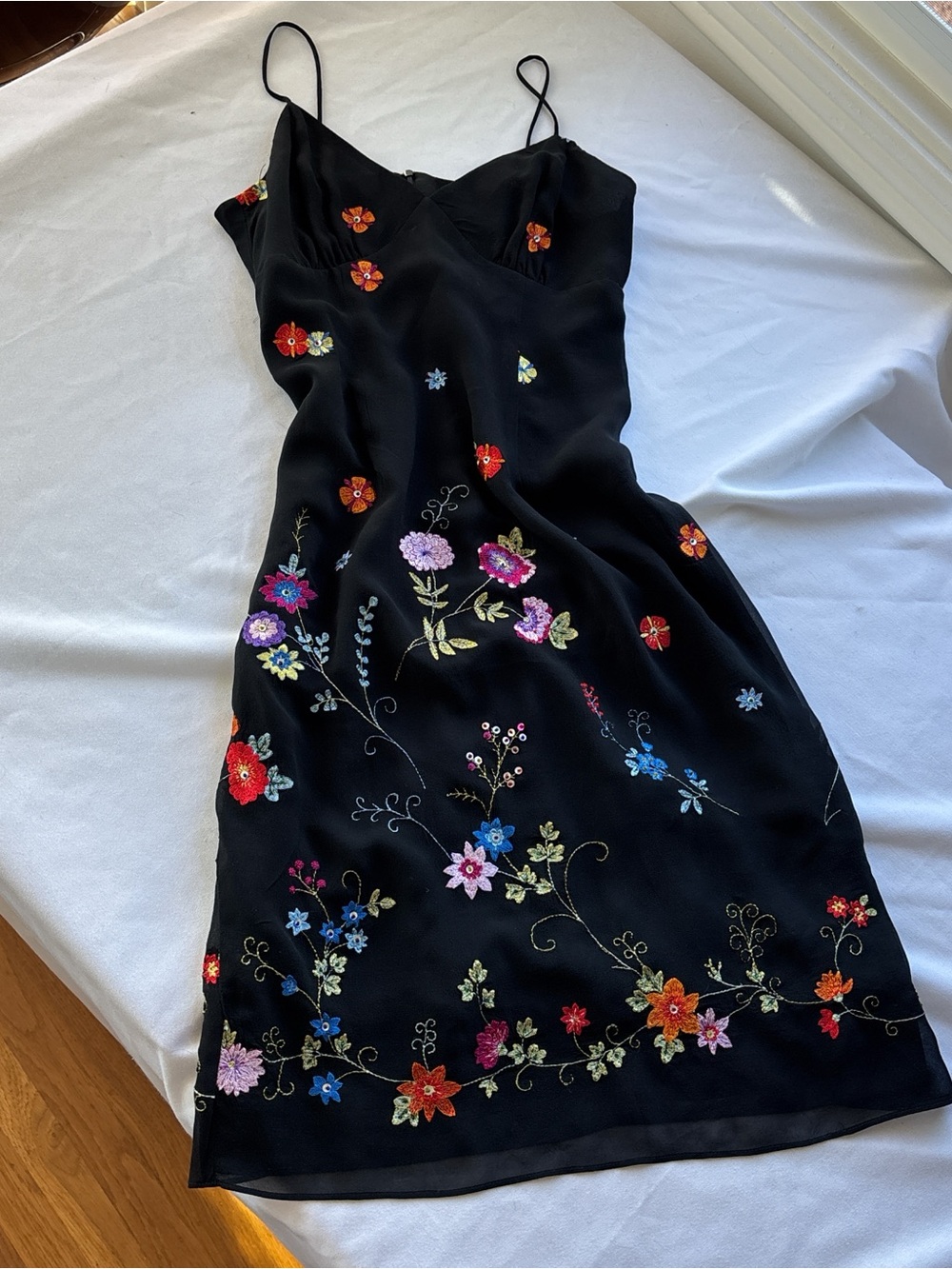 Vintage Black 100% Silk Floral Embroidered Midi Dress size 6